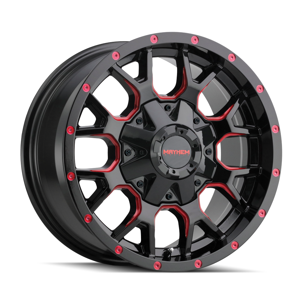 MAYHEM WARRIOR GLOSS BLACK MILLED PRISM RED 18x9.0 6x135/6x139.7 et18 106