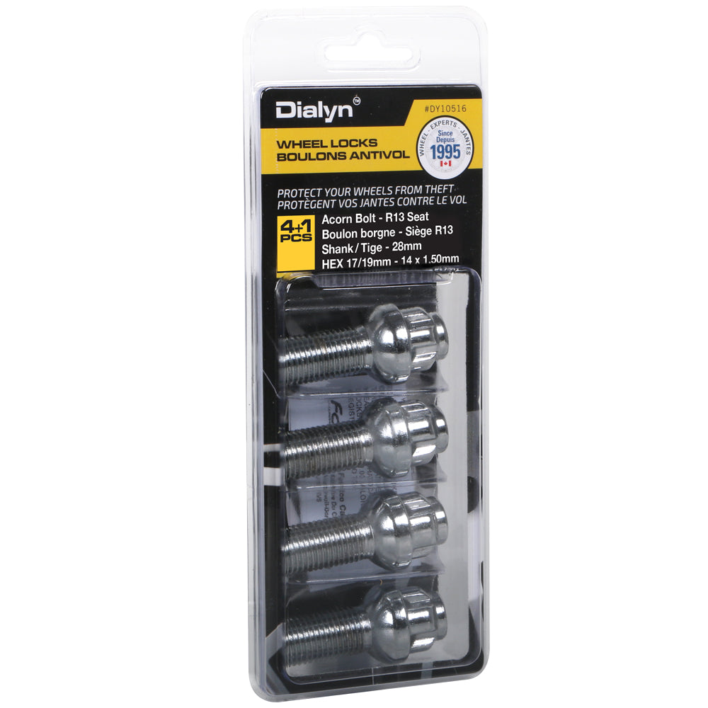 Acorn Chrome Lock Bolt Set R13 Radius Seat-14x1.50mm-28mm Shank-17/19mm Hex (PKG/4)