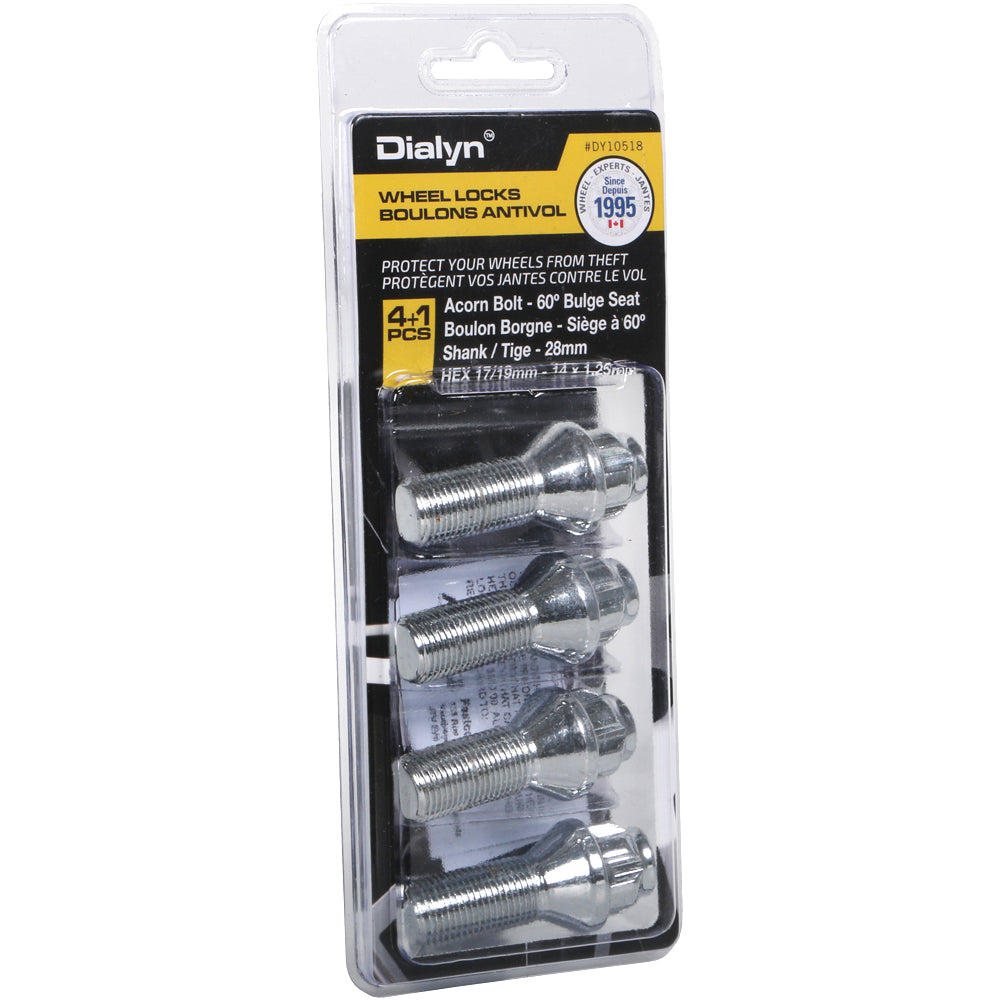 Acorn Chrome Lock Bolt Set 60° Seat-14x1.25mm-28mm Shank-17/19mm Hex (PKG/4)