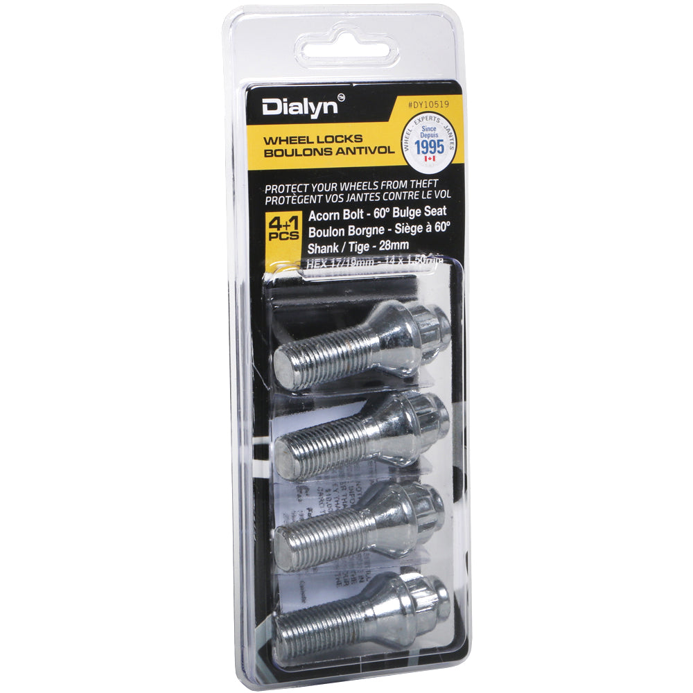 Acorn Chrome Lock Bolt Set 60° Seat-14x1.50mm-28mm Shank-17/19mm Hex (PKG/4)