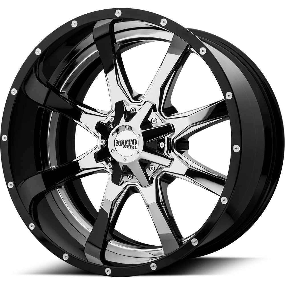 Moto Metal MO201 CHROME CENTER W/ GLOSS BLACK MILLED LIP 20X12 5x127/5x139.7 et-44 78.1