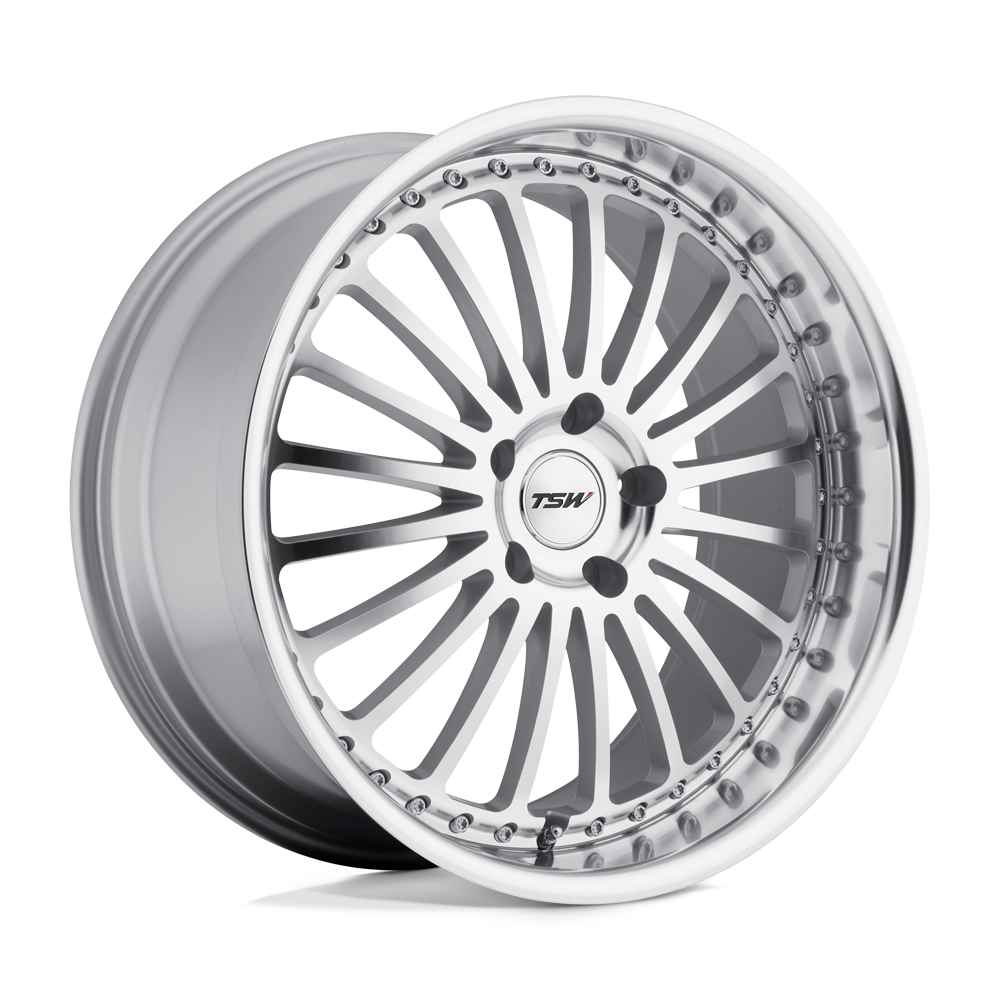 TSW SILVERSTONE SILVER W/ MIRROR CUT FACE & LIP 18X8 5x120 et35 76.1